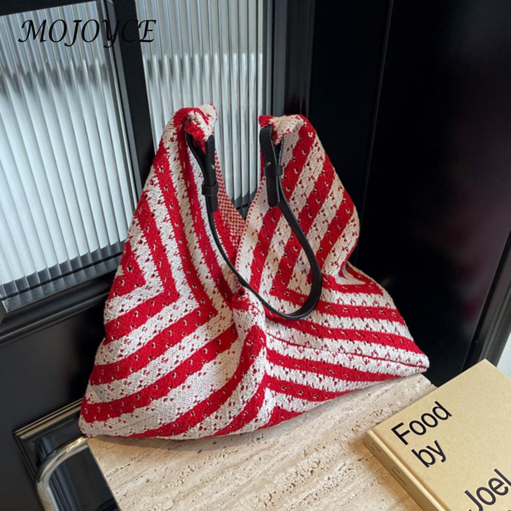 Women Knitted Tote Bag Black and White Summer Beach Bag Geometric with PU Strap Hobo Bag for Travel Vacation Holiday