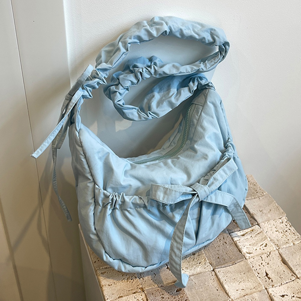 Women Chic Tote Handbag with Ruched Drawstring Strap Bow Casual Underarm Bag Solid Color Cute Sling Bag Female Daily Handbag