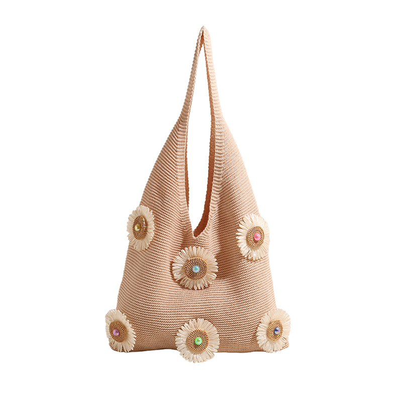 Women Knitted Tote Handbag Hollow Out Flower Knitting Shopping Handbag Large Capacity Simple Underarm Bag Female Outdoor Bag