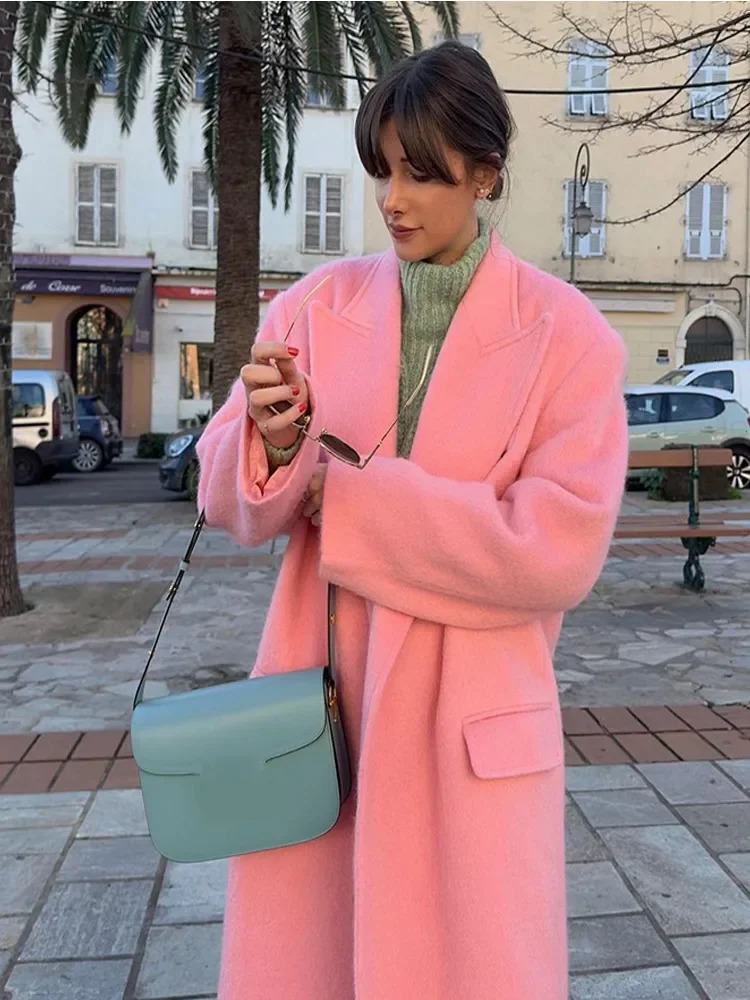 Women Elegant Pink Lapel Woolen Coat Fashion Long Sleeve With Pocket Warm Overcoat 2024 Autumn Winter Lady Casual Outerwear 241107