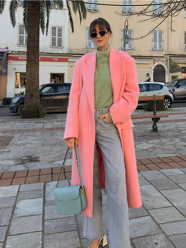 Women Elegant Pink Lapel Woolen Coat Fashion Long Sleeve With Pocket Warm Overcoat 2024 Autumn Winter Lady Casual Outerwear 241107