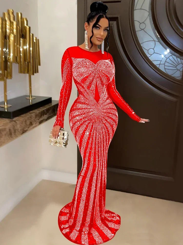 XIZOU Women Mesh Patchwork Diamonds Rhinestones Floor Length Bodycon Mermaid Maxi Dress Sexy Party Evening Vestidos 241108