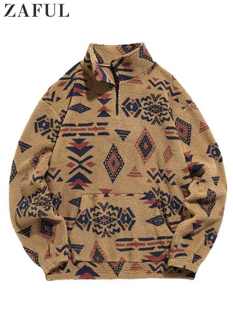 ZUL Mens Hoodie Matte Synthetic Sherpa Zipper Sweatshirt Ethnic Print Fluffy T-shirt Autumn and Winter Turtle Collar Hoodie W241108