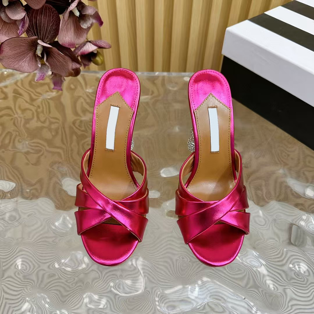 Rhinestone inlaid heel ladies slippers mules 105mm high-heeled shoes Genuine leather open toed sandals womens luxury designer slippers size (35-43)