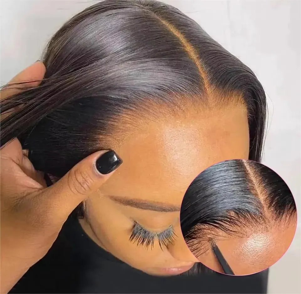 Bob Really Human Hair Ready to Wear Go Glueless Black Bone Straight 13x4 Frontal Transparent HD Lace Front Closure Synthetic Wig With Babyhair