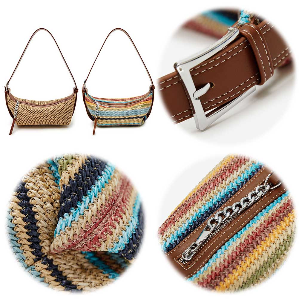 Women Straw Dumpling Bag Adjustable Strap Vintage Shoulder Bag Contrast Color Retro Straw Sling Bag Ladies Summer Daily Bag