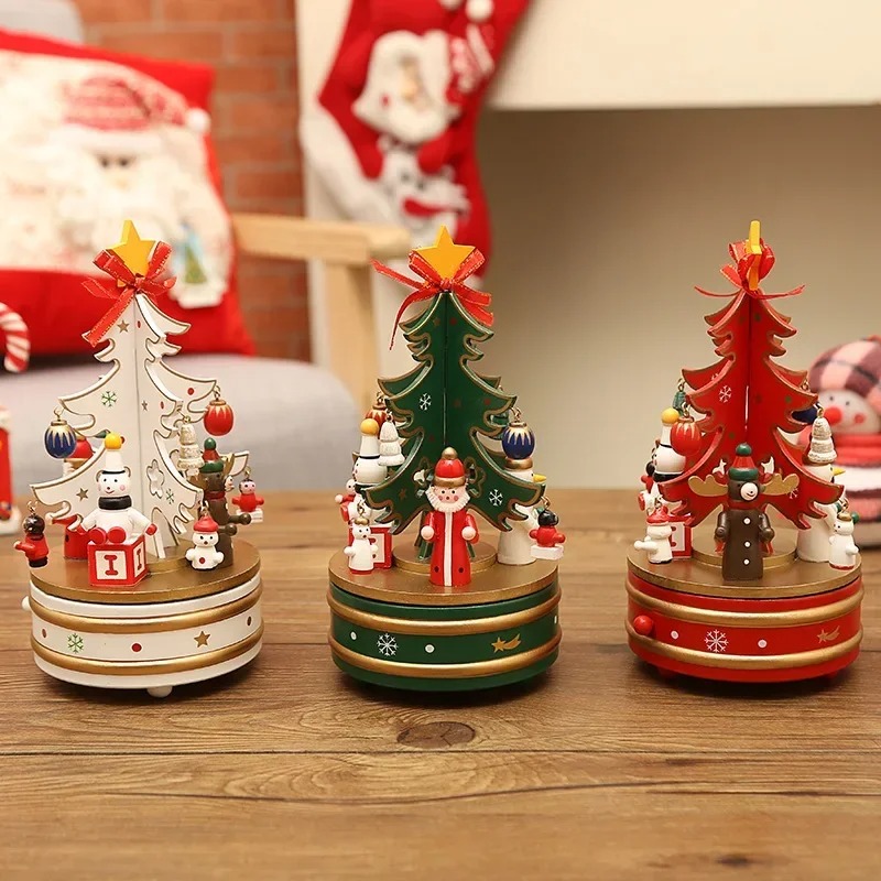 Christmas Wooden Music Box, Rotating Carousel Musicbox for Kids Gifts Xmas Tree Decoration
