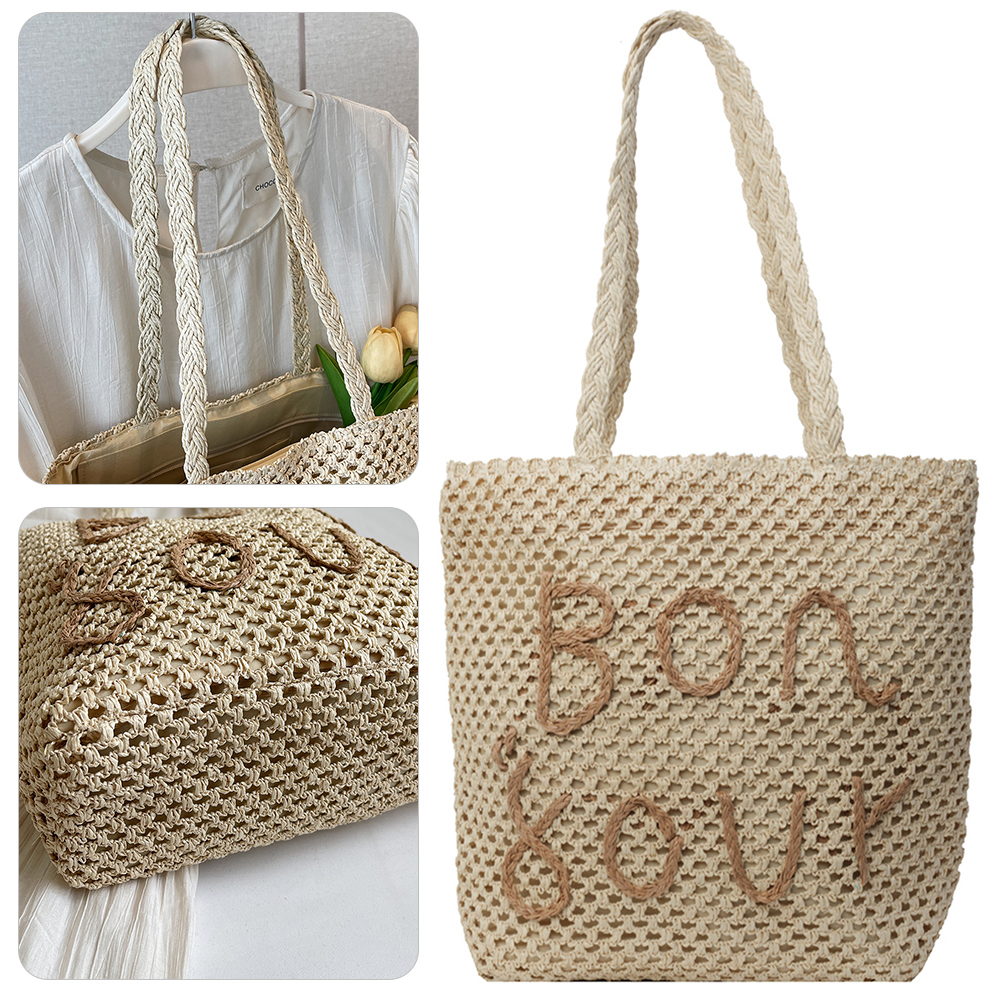 Women Letter Tote Handbag Large Capacity Hollow Out Handbag Versatile Crochet Travel Bag Female Straw Shoulder Bag