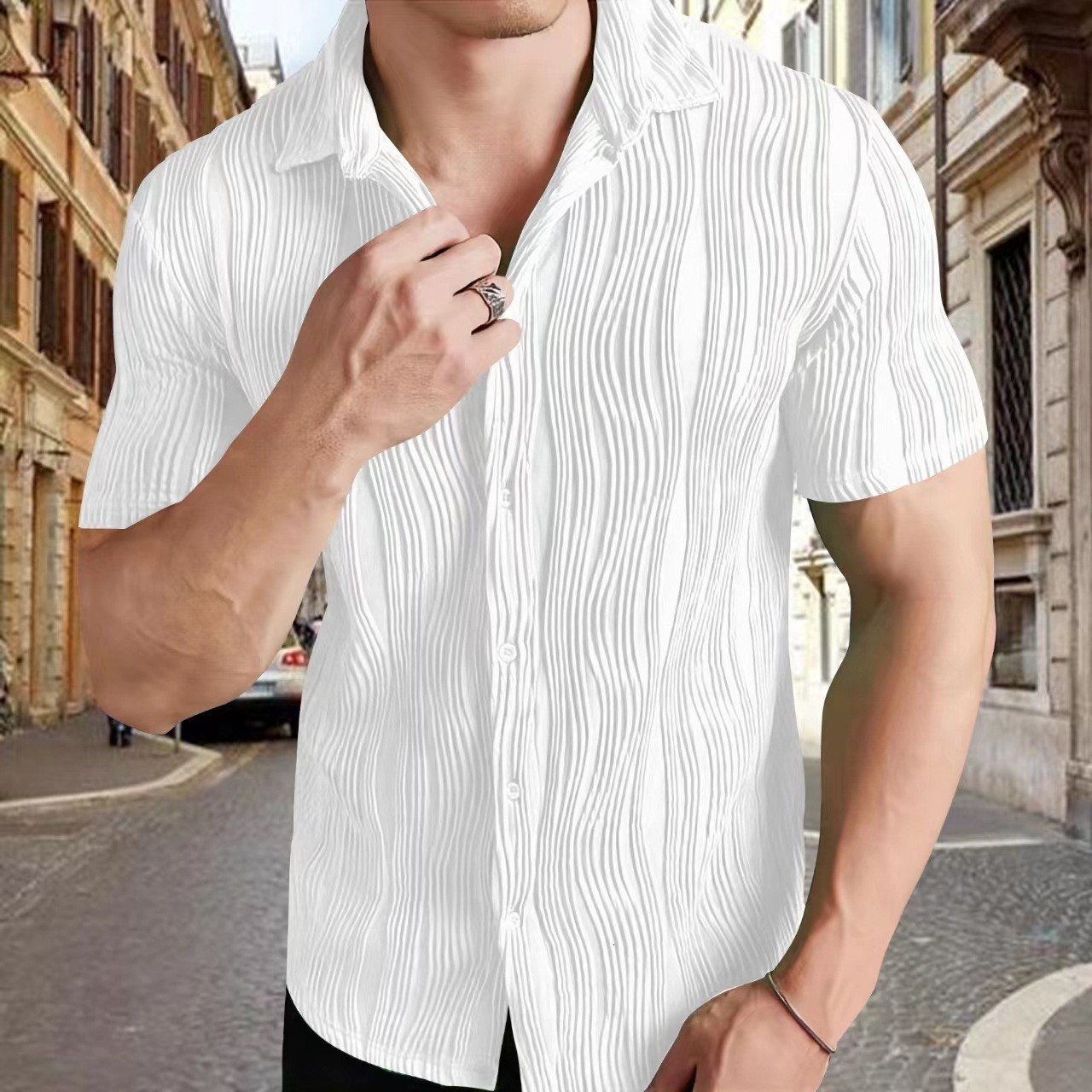 Mens Solid Color Wave Textured Button Up Short Sleeves Shirt 240816