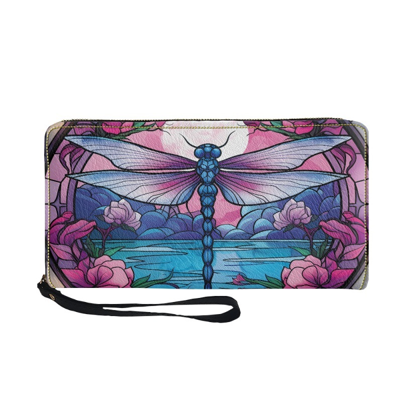 Women's Zippered Clutch Long Multifunctional Storage Wallet Handbag Dragonfly Print Card Holder