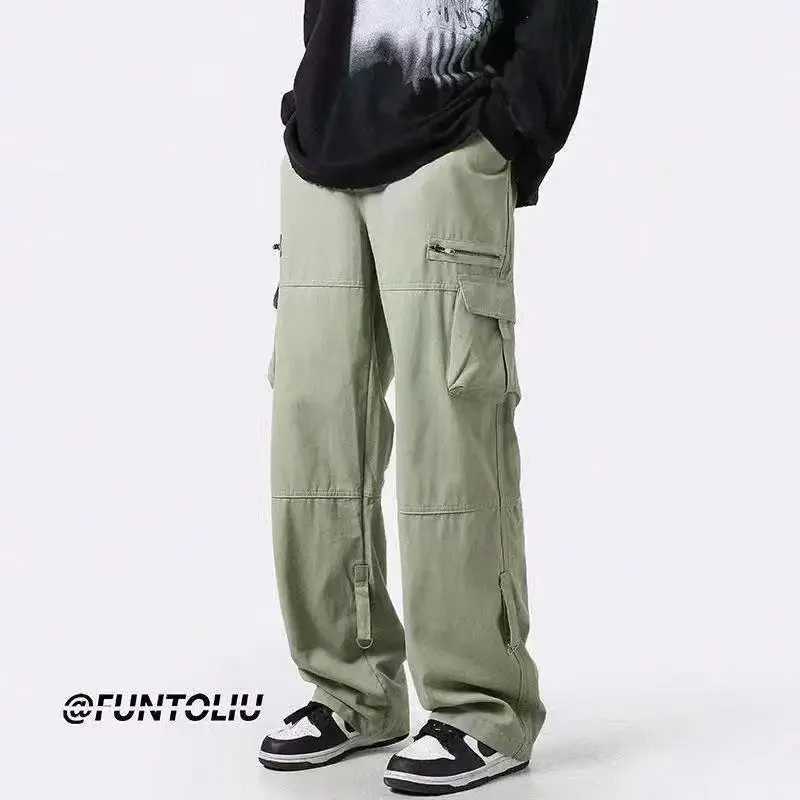 Deep Green Multi-pocket Cargo Pants Mens Autumn Japanese Trendy Straight-leg Loose-fit Casual Pants Niche Zip-up Dropshipping LX241107