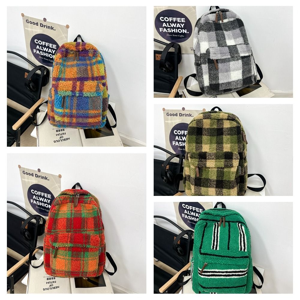 Korean Style Colorful Plaid Backpack Strip Large Capacity Lamb Fleece Backpack Geometric Preppy Trendy Shoulder Bag Outdoor