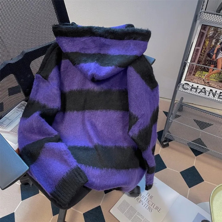 Retro Vintage Purple Black Striped Hooded Sweater Autumn Winter Bull Horn Buckle Cardigan Y2k Long Sleeve Loose Tops Mujer 241108