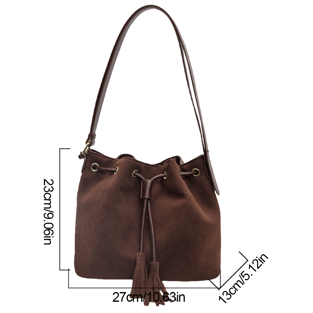 Women Suede Shoulder Bag Adjustable Strap Retro Handbag with Tassel Bucket Bag Solid Color for Work Travel