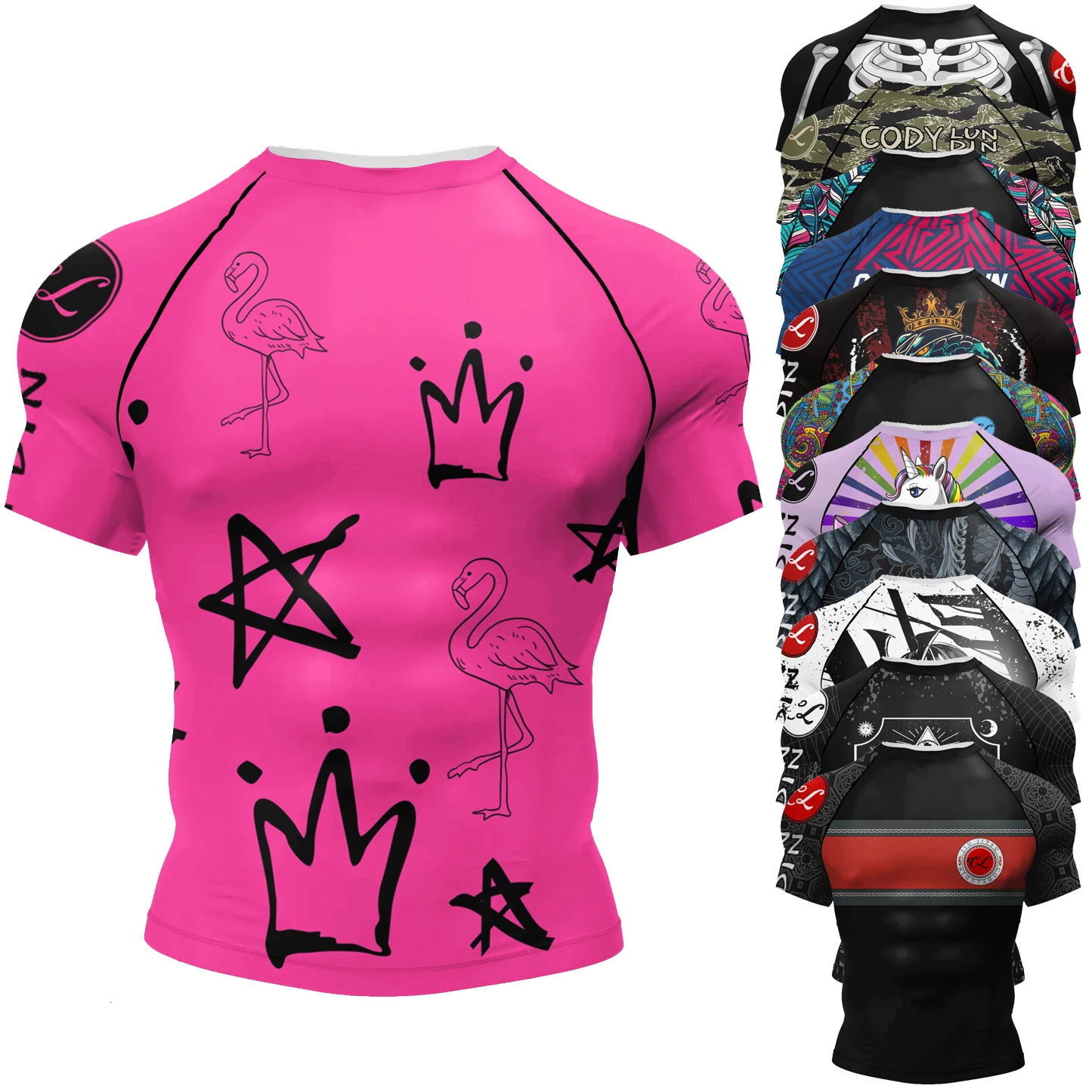 Cody Lundin short sleeved pink mens jiu jitsu BJJ no girash protection sublimation mens running training T-shirt elastic fitness T-shirt 241108