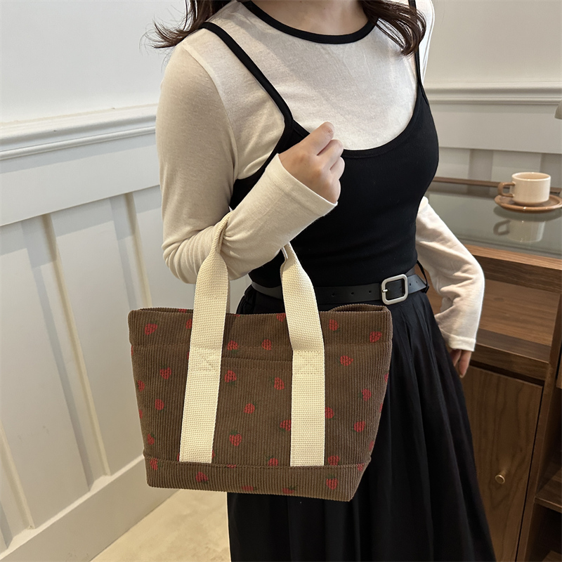 Women Corduroy Tote Bag Strawberry Top Handle Bag with Front Pocket Handbag Trendy Satchel Bag Shopping Work Bag