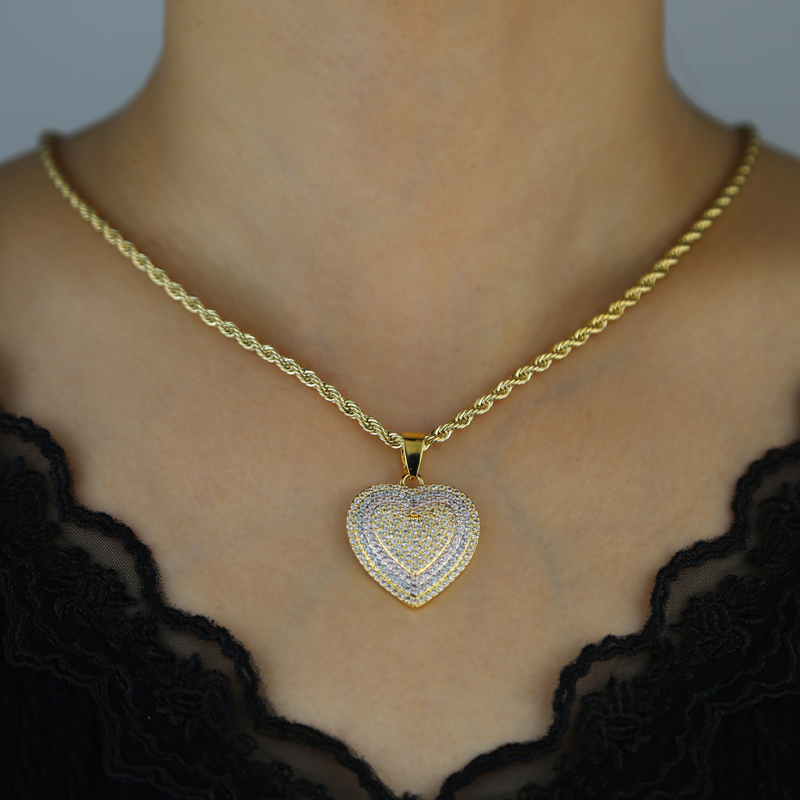Bling Cz Paved Two Tone Color Heart Pendant Necklace Iced Out Shiny Cubic Zirconia Hip Hop Jewelry for Girls Women Man Boy Gift