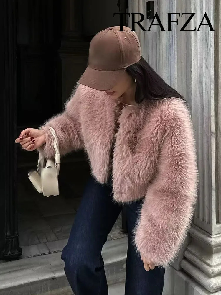 TRAFZA Winter Elegant Woman Artificial Fur Effect Short Jacket Coats Female ONeck Vintage Long Sleeve Loose Streetwear Top 241029