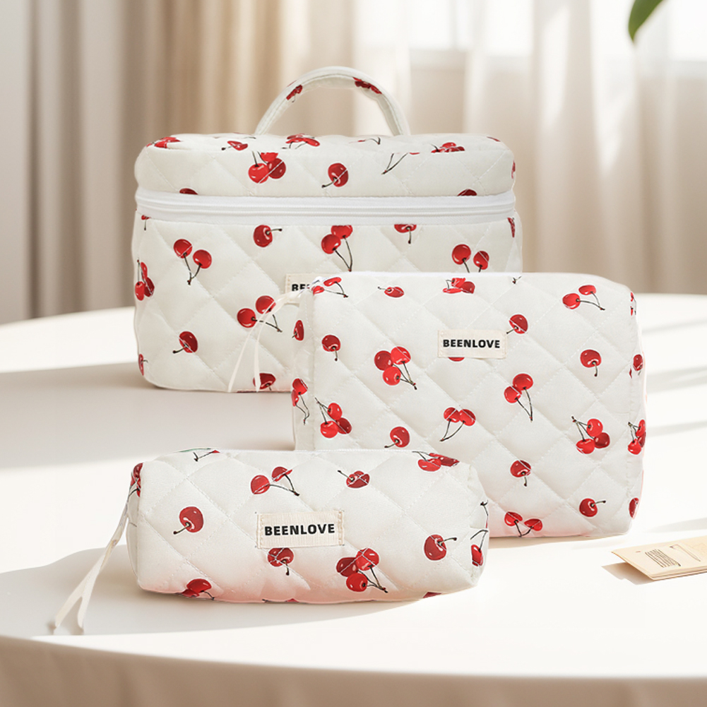 3pcs/set Quilted Cotton Storage Bag Cherry/Heart Pattern Women Aesthetic Cosmetic Clutch Bags Japanese Sweet Travel Makeup Pouch