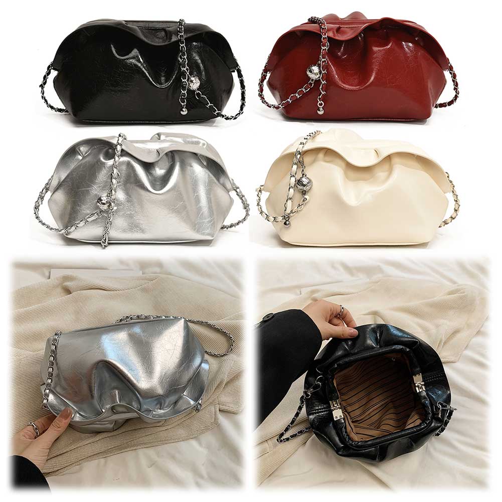Women Crossbody Bag Pleated PU Leather Underarm Purse with Chain Handbag Clutch Purse for Travel Commuting