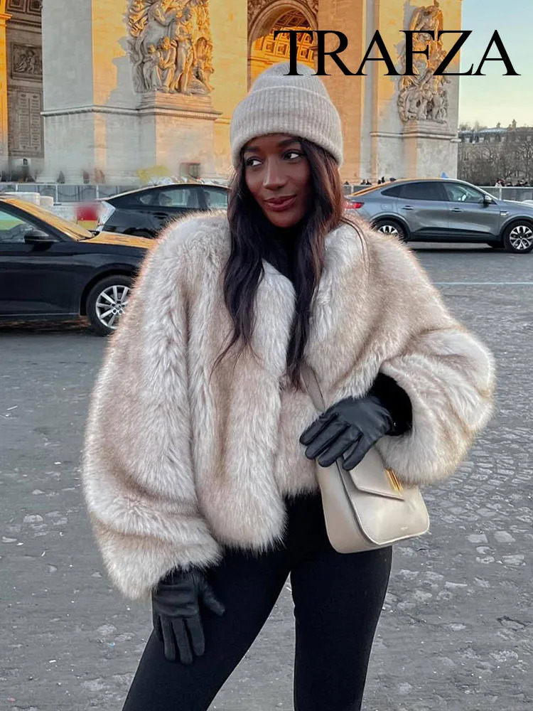 TRAFZA Winter Elegant Woman Artificial Fur Effect Short Jacket Coats Female ONeck Vintage Long Sleeve Loose Streetwear Top 241029