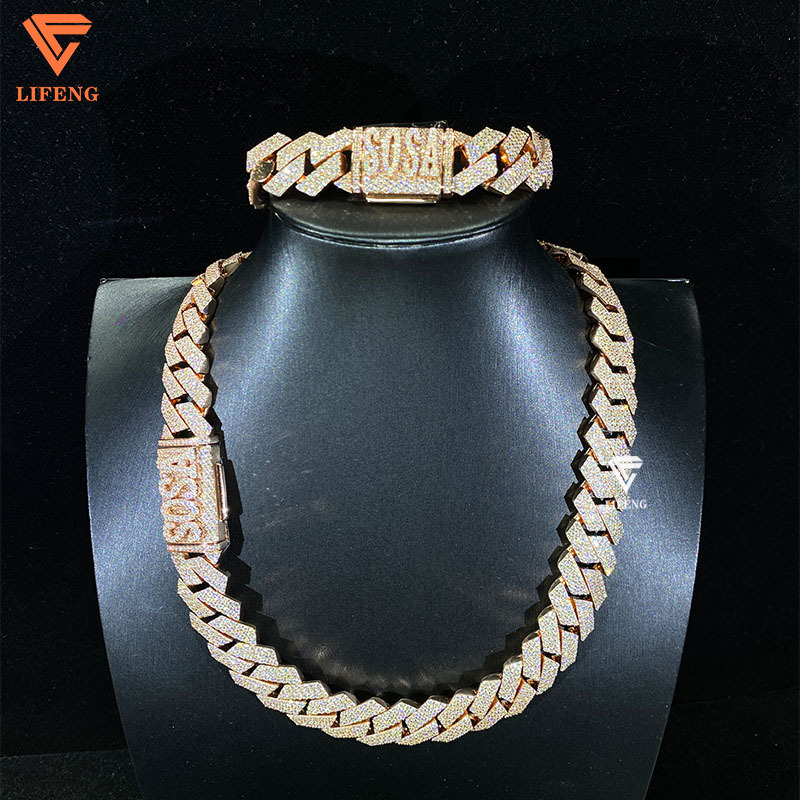 Rose Gold Plated Miami Cuban Chain Custom Name Sterg Sier With VVS Moissanite Charms Necklace And Bracelet Jewelry Set