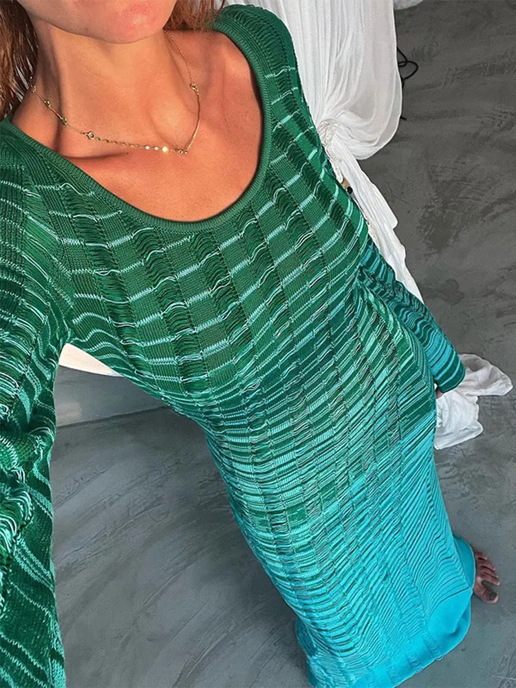 Fashion O-neck Flared Sleeve Knitted Long Dress Womens Casual Elegant Maxi Vestidos Vacation Party Club Evening Robes 240319