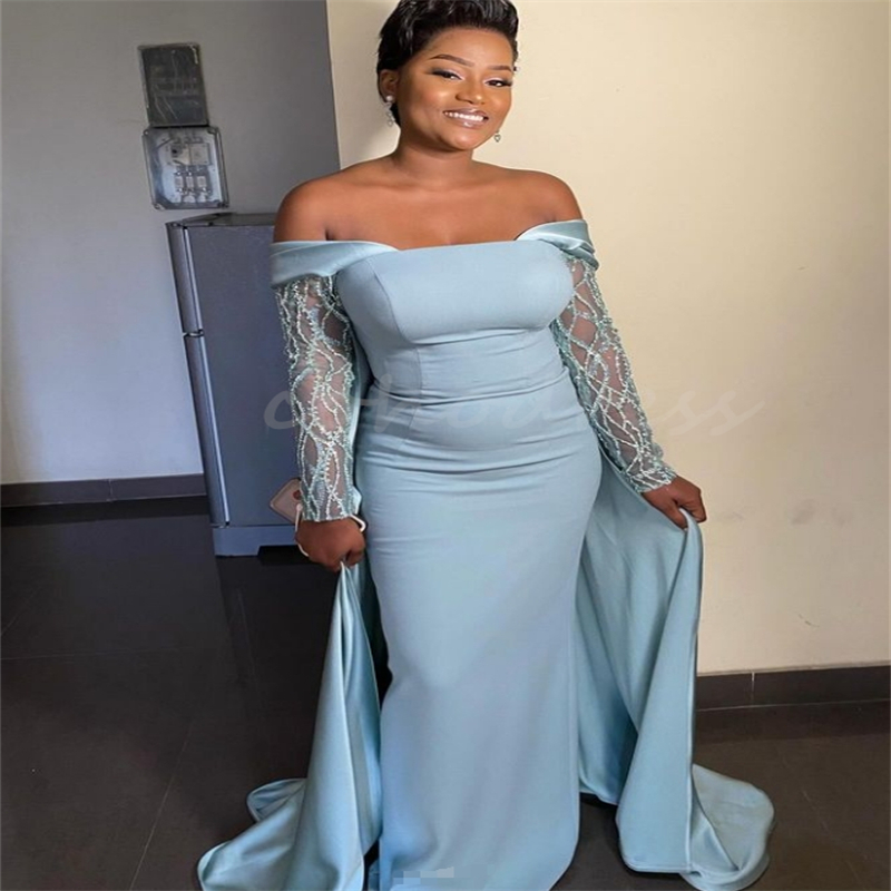 Beautiful Blue Mermaid Prom Dresses With Overskirt Train Elegant Mermaid Long Sleeve Evening Dress Black Women Arabic Dubai Party Gowns Vestio De Fies