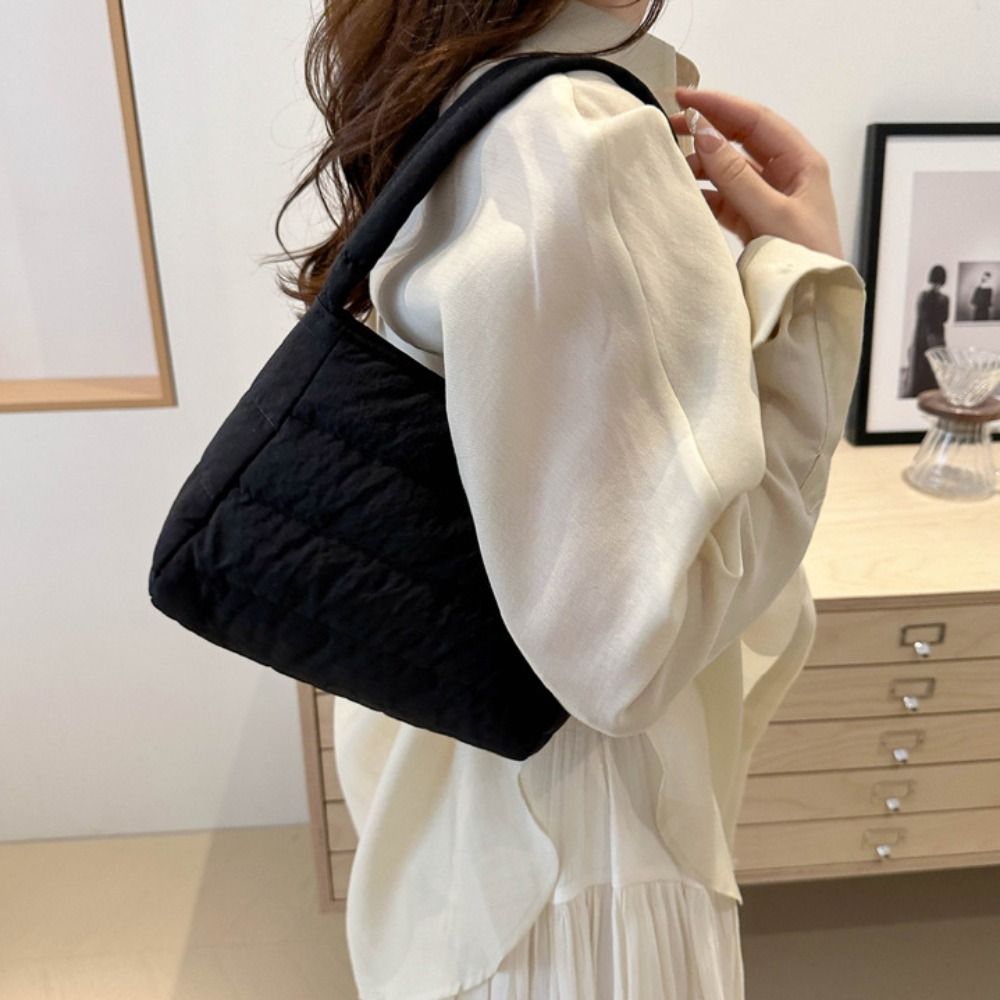 Square Quilted Padding Shoulder Bag Nylon Wide Straps Puffer Underarm Bag Lightweight Canvas Puffy Handbag School