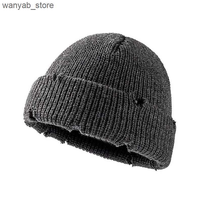 Beanie/Skull Caps Fashion Y2K Knit Short Beanies for Men Women Autumn Winter Hats Solid Color Hip-hop Skullies Caps Unisex Ripped Streetwear L240910
