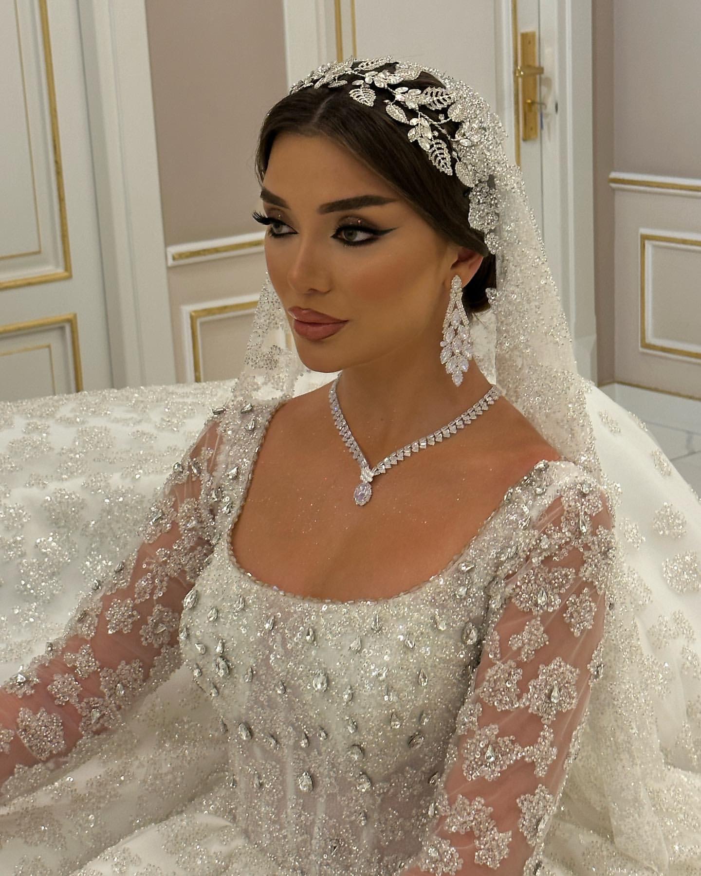 Saudi arabic crystal ball gown Wedding Dress for bride illusion wedding dresses long sleeves ruffle Dubai r Bridal gowns plus size