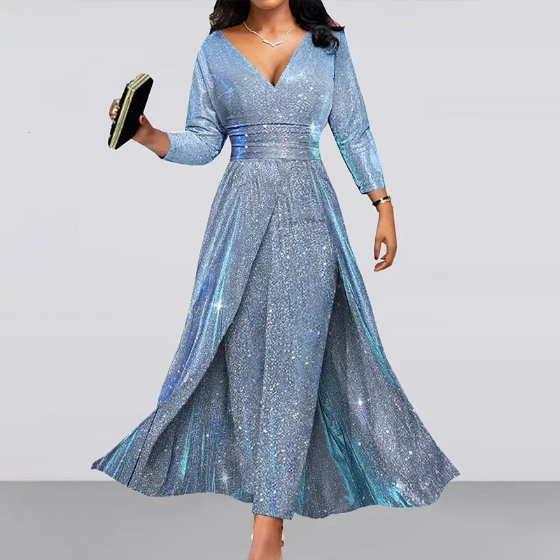 Women Party Dress Elegant Sexy Sequins Shiny Long Sleeve V Neck High Waist Corset Evening Junpsuit Y2K Chic Clothes 241108 - view 5