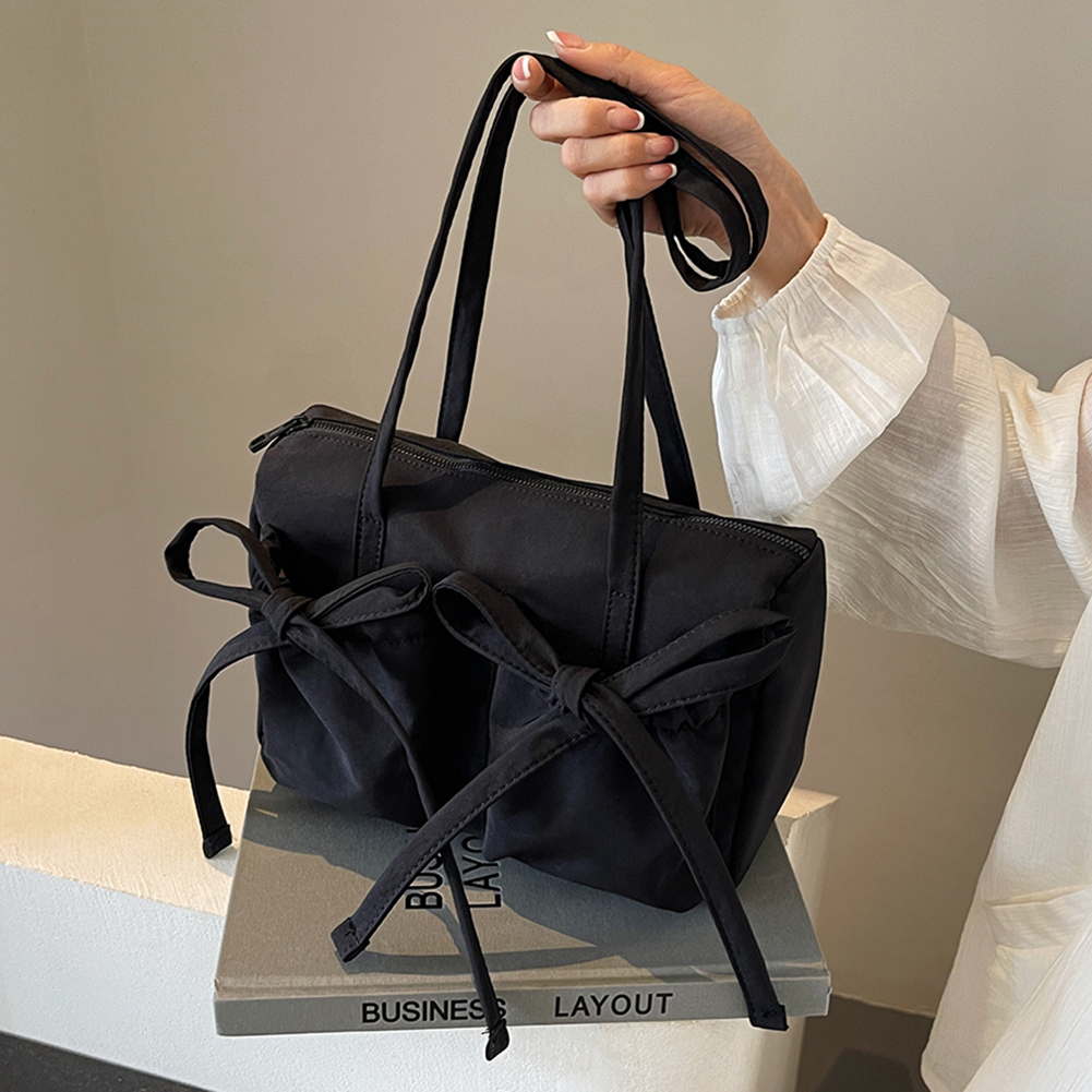 Cute Bow Commuter Bag Casual Nylon Fashion Shoulder Purse Large Capacity Daily Bag Solid Color for Women Daily Use and Commuting
