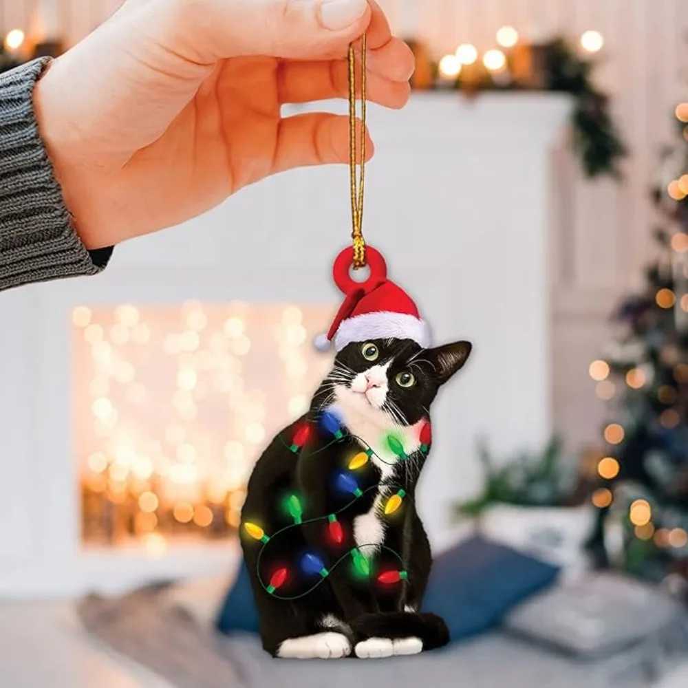 Charming Black Cat Christmas Ornament 2D Acrylic Hanging Decor for Tree Car Mirror Keychain Kid Xmas Gift Holiday Party SuppliesXJ241107