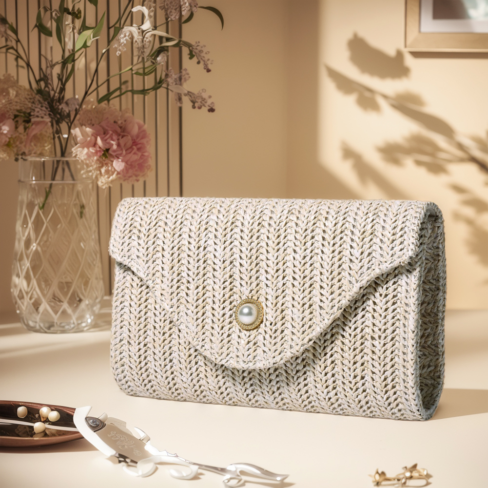 Women Straw Woven Bag Woven Envelope Shoulder Bag Chain Strap Stylish Crossbody Bag Pearl Decor Chic Hobo Bag Party Vacation Bag