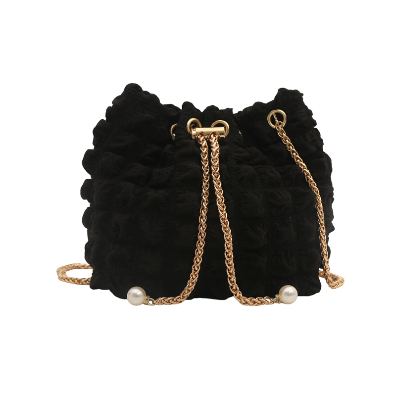 Drawstring Shoulder Bag Women Pleatd Crossbody Bag Solid Color Satchel Purse Chain Casual Clutch Purse for Party Prom