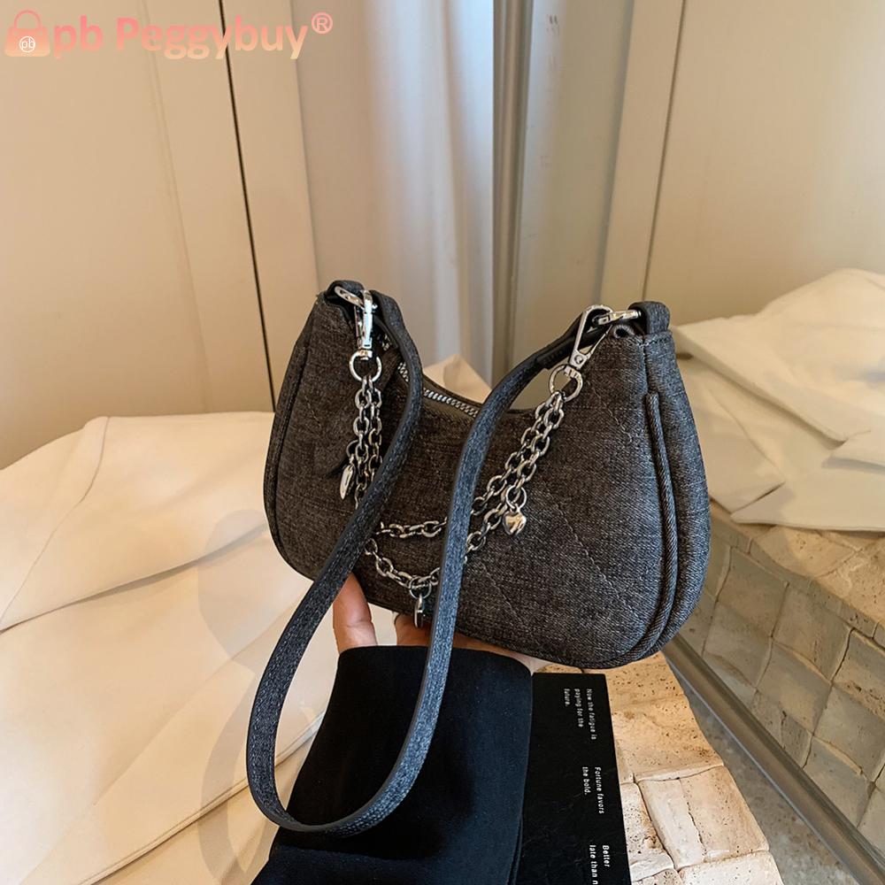 Shoulder Bag for Women with Chain Underarm Bag PU Leather Adjustable Strap Handbag Zipper Crescent Bag for Work Travel Shopping