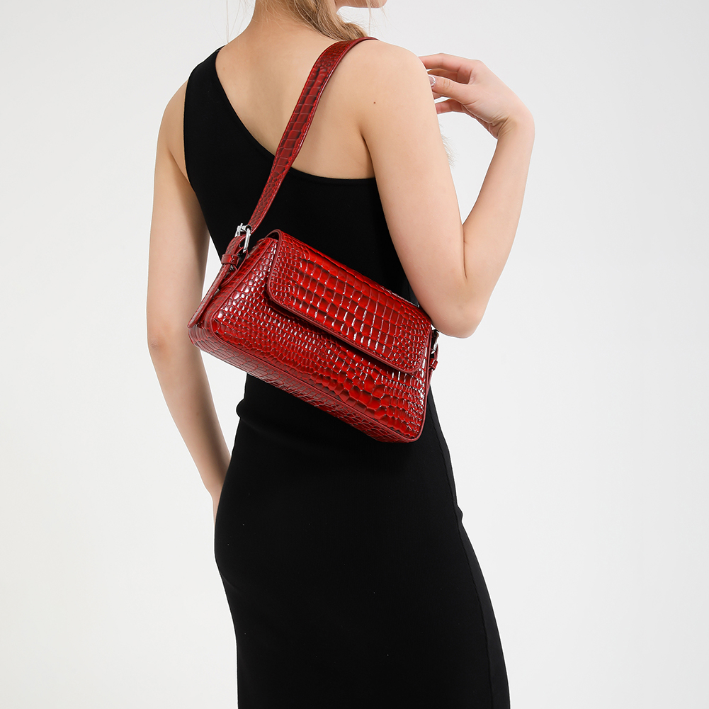 Retro Red Crocodile Pattern Leather Shoulder Bag for Women Luxury Flap Crossbody Bag Solid Color Underarm Tote Bags Lady Handbag