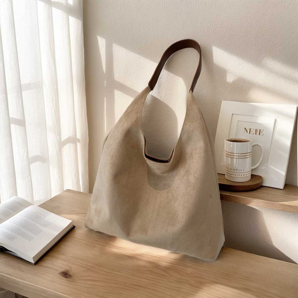 Women Suede Shoulder Bag Retro Single Shoulder Bag Large Capacity Stylish Commuting Bag Solid Color Hasp Closure Top Handle Bag