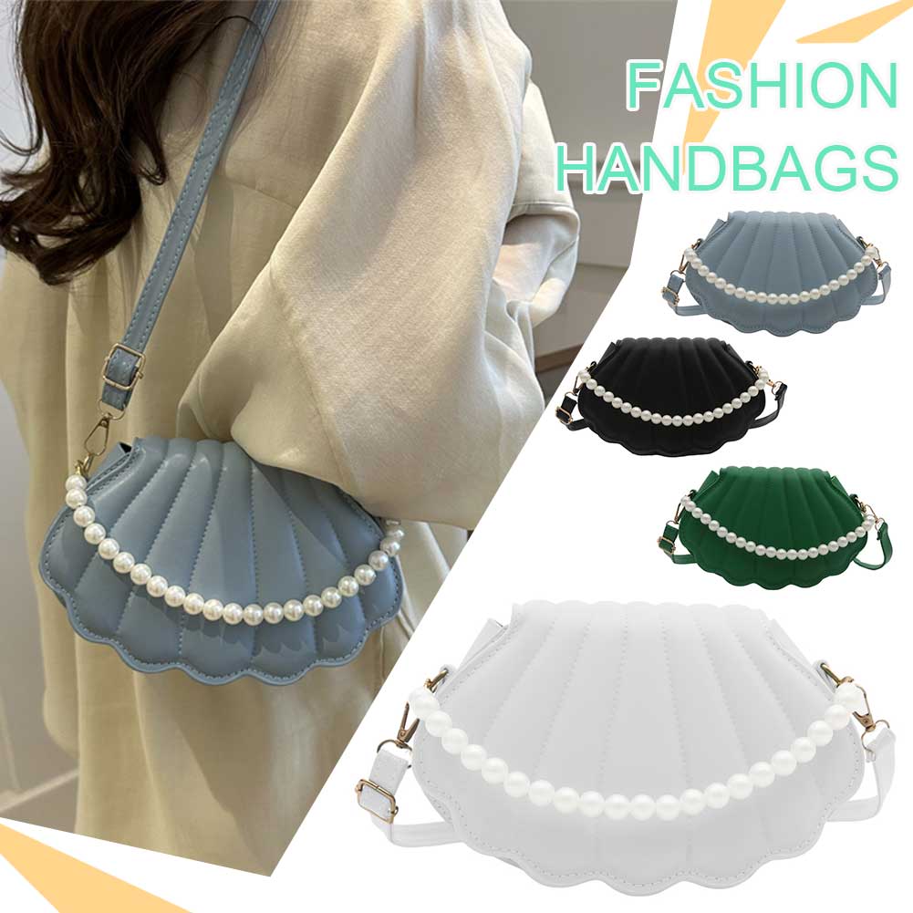 PU Leather Shoulder Bag Seashell Women Crossbody Bag Pearl Chain Hobo Bag with Adjustable Strap for Party Prom Cocktail