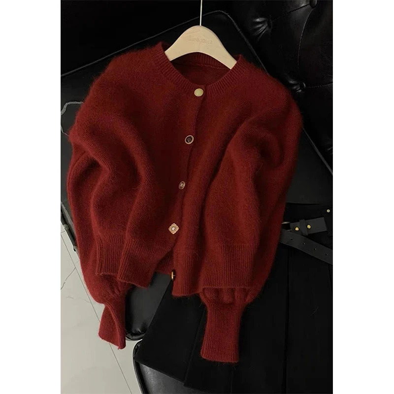 Vintage Cropped Knitted Cardigan Women Korean Long Sleeve Sweater Outerwears Winter Ladies Elegant Chic Knitwear Casual Jumpers 241108