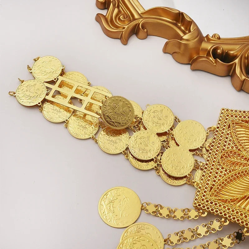 Turkey Totem Coin Pendant for Ladies Turkish Wedding Belt Gold Plated Pendant Oversized Waist Chain Saudi Gift 240313