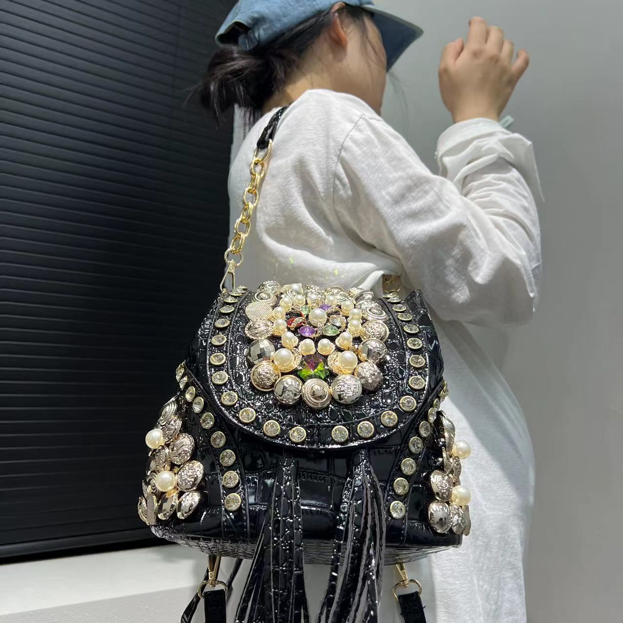 Women's Fashion Diamond Handbag Elegant Evening Beaded Light Luxury Backpack Crossbody Bag