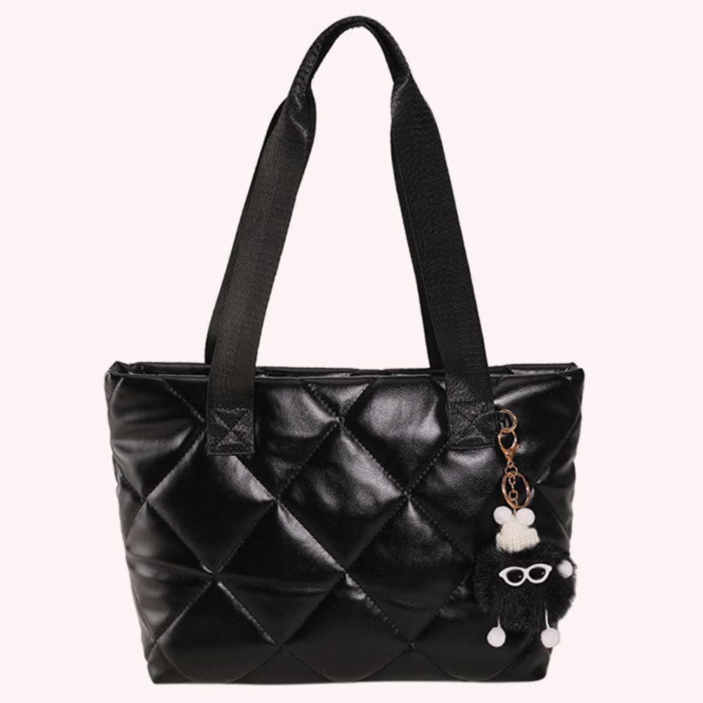 Women Puffy Top Handle Bag Large Capacity Quilted Simple Padded Bag Lightweight PU Leather with Pendant Girls Leisure Winter Bag