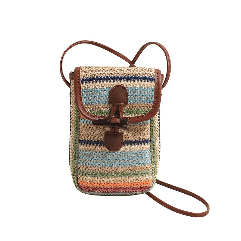 Women Fashion Knitted Phone Pouch Patchwork Straw Woven Phone Bag Trendy Weave Phone Purse Simple Hobo Bag Sling Phone Bag