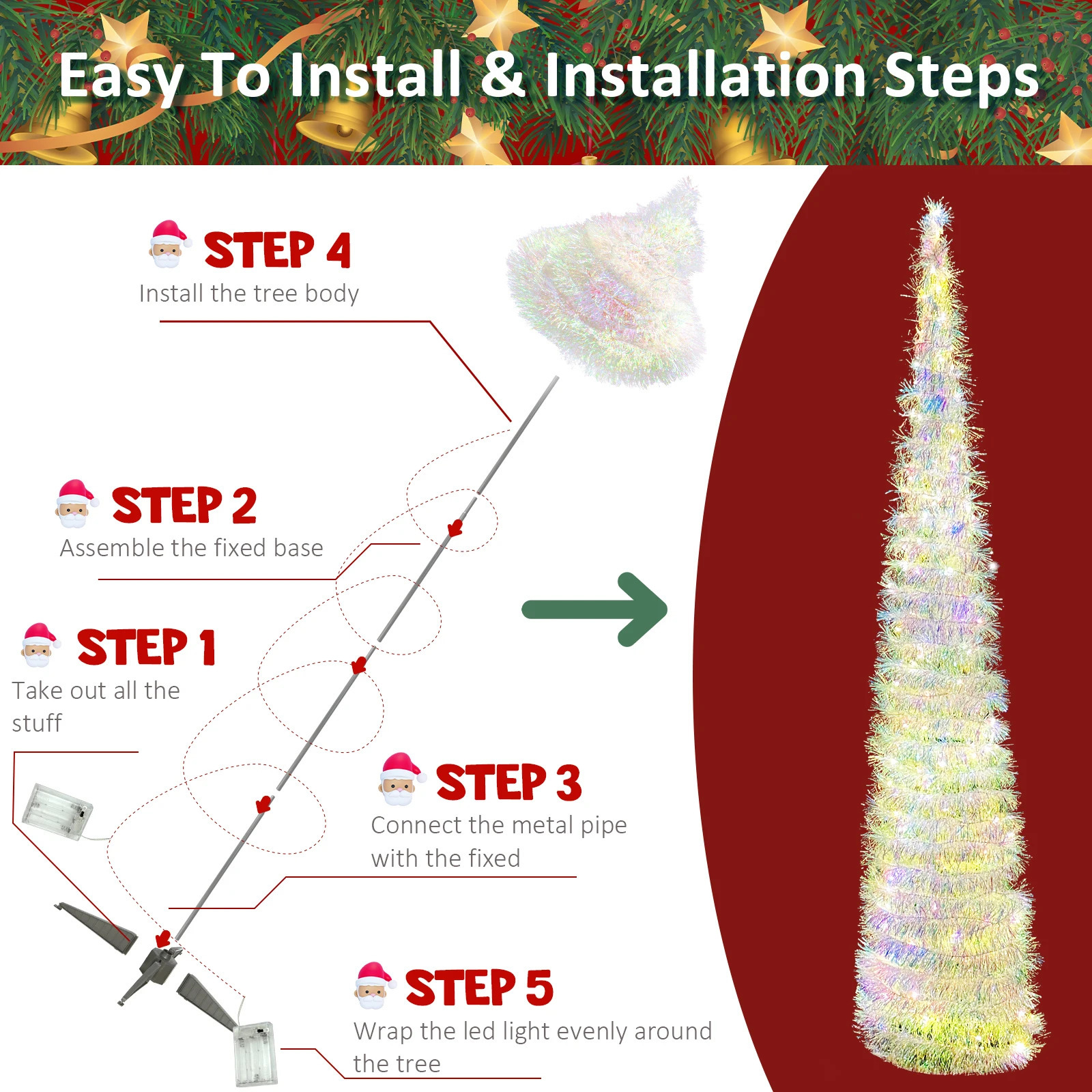 5FT Collapsible Pop Up Christmas Tree Colorful Tinsel with 60 LED Warm Lights for Decorations Indoor 241107