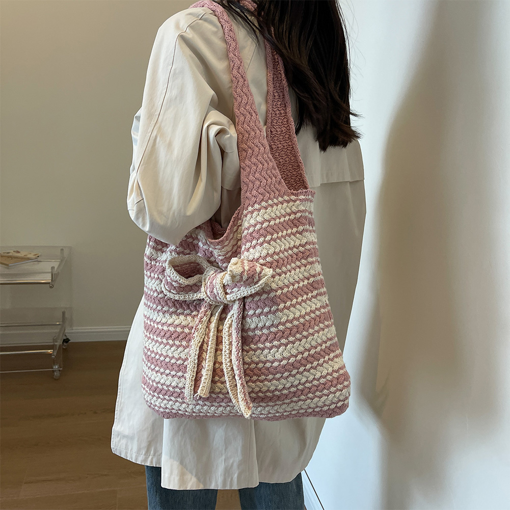 Women Crochet Tote Bag Contrast Color Aesthetic Shoulder Bag Large Capacity Knitted Tote Handbag Woven Bag for Female