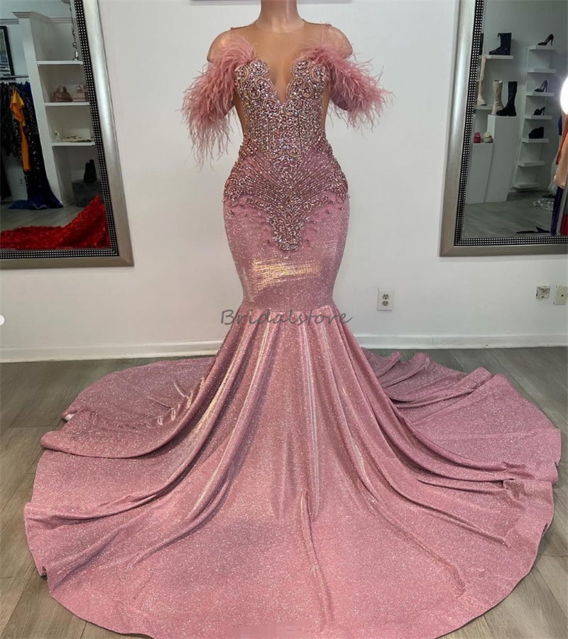 Luxury Silver Prom Dress For Black Girls 2024 Off Shoulders Crystal Diamond Feather Evening Dress Mermaid Birthday Formal Dress Luxury Ceremony Vestid