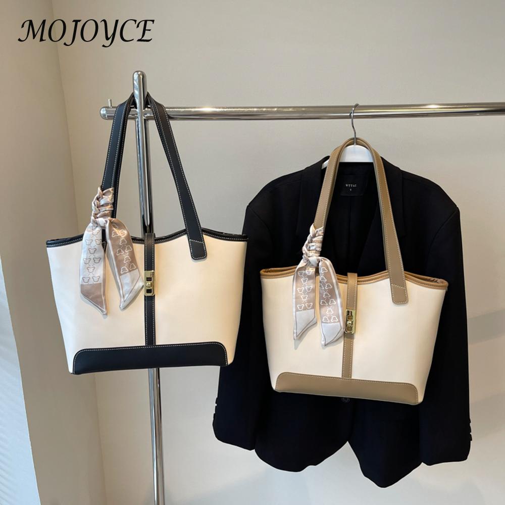 Women PU Fashion Shoulder Large Capacity Contrast Color with Ribbon Patchwork Tote Outdoor Travel Bag