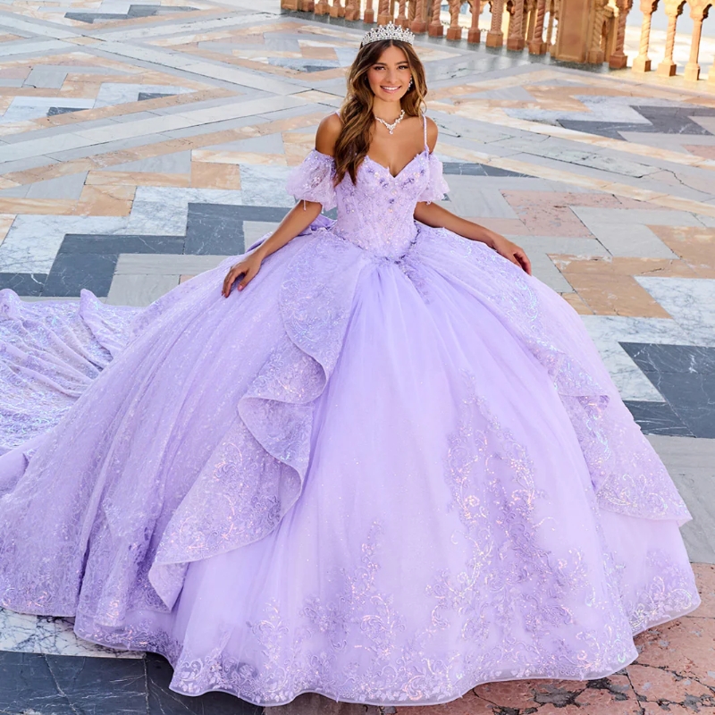 Lilac Lavender Quinceanera Dresses Ball Gown Sequin Applique Beading Crystal Tulle Party Birthday Corset Sweet Vestidos De XV Anos D